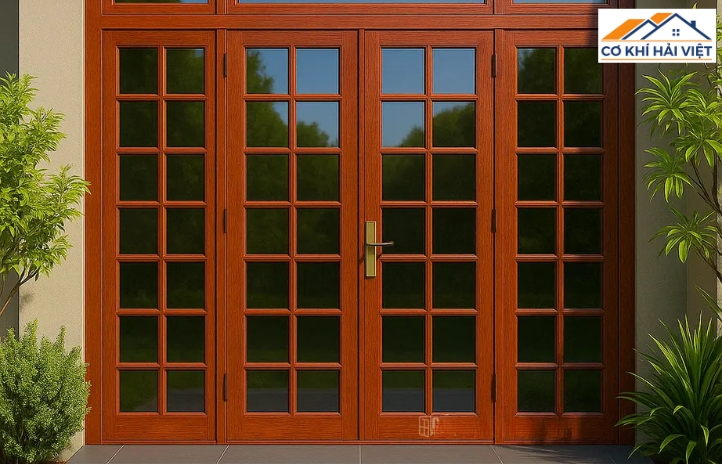 Cửa sắt 4 cánh kính cường lực giả gỗ mang lại vẻ sang trọng, gần gũi