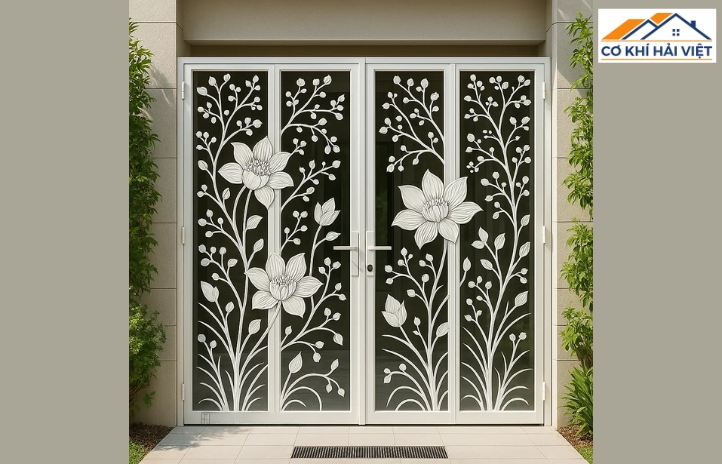 Cửa sắt 4 cánh kính cường lực hoa văn CNC tạo hình họa tiết tinh xảo