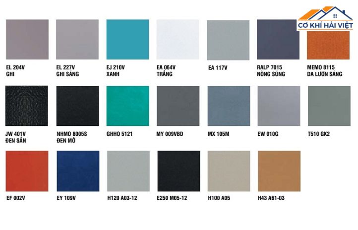 Hình ảnh bảng mẫu các màu sơn tĩnh điện đa dạng, bao gồm màu đen, trắng, ghi, xám, và màu đồng giả cổ