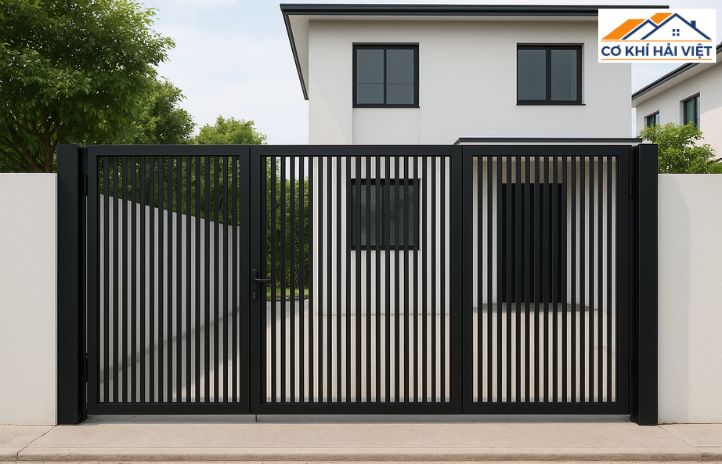 Cửa thanh dọc màu đen, cao và thoáng, phù hợp nhà phố 2 tầng