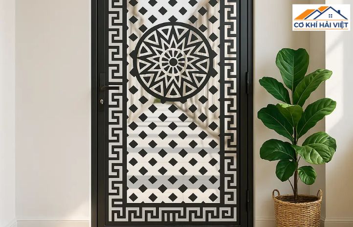 Khung cửa màu đen nhám, hoa văn uốn cong hình tròn đối xứng, tôn lên vẻ sang trọng cho mặt tiền