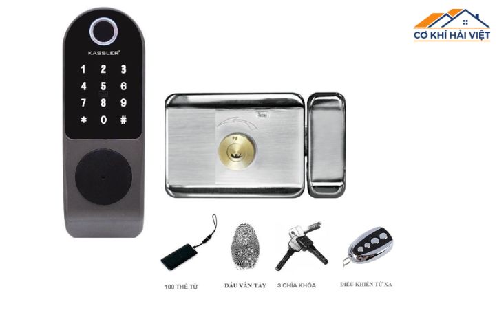 Hình ảnh một bộ khóa vân tay cửa sắt cho thấy rõ khu vực cảm biến vân tay, bàn phím số và nơi quẹt thẻ từ