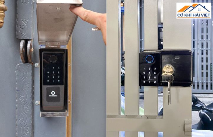 Cận cảnh một ổ khóa cửa sắt thông minh với màn hình cảm ứng và đầu đọc vân tay hiện đại