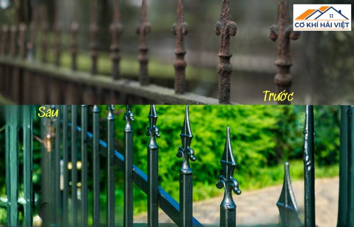Hình ảnh so sánh trước và sau khi thi công sơn cửa sắt chống rỉ, làm mới cửa