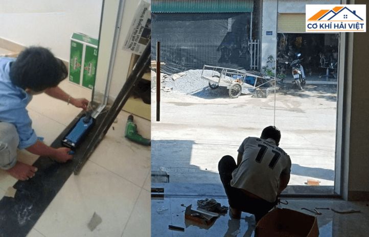 Đội ngũ Cơ Khí Hải Việt chuyên nghiệp đang làm cửa kính cường lực cho khách hàng