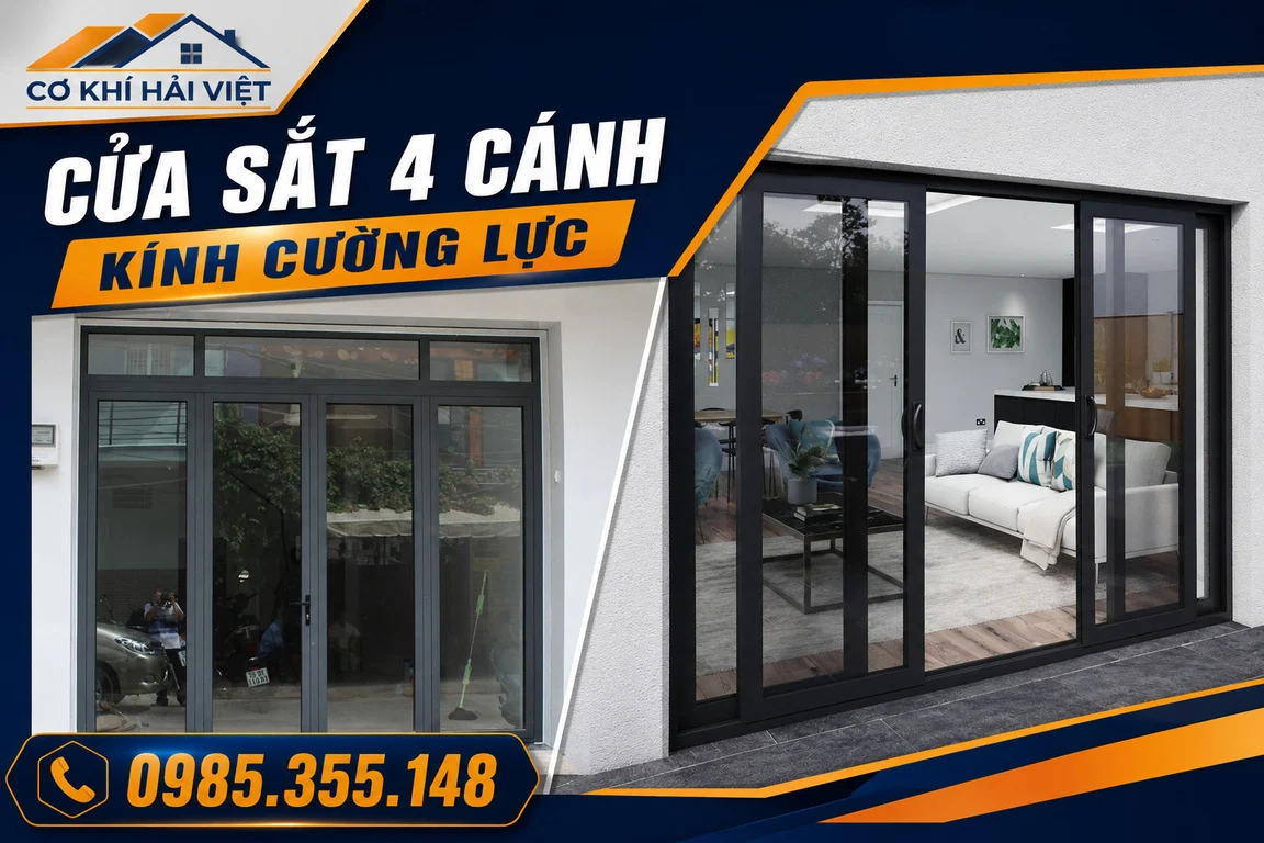 Mẫu cửa sắt kính cường lực 4 cánh được thi công tại TP Ninh Bình