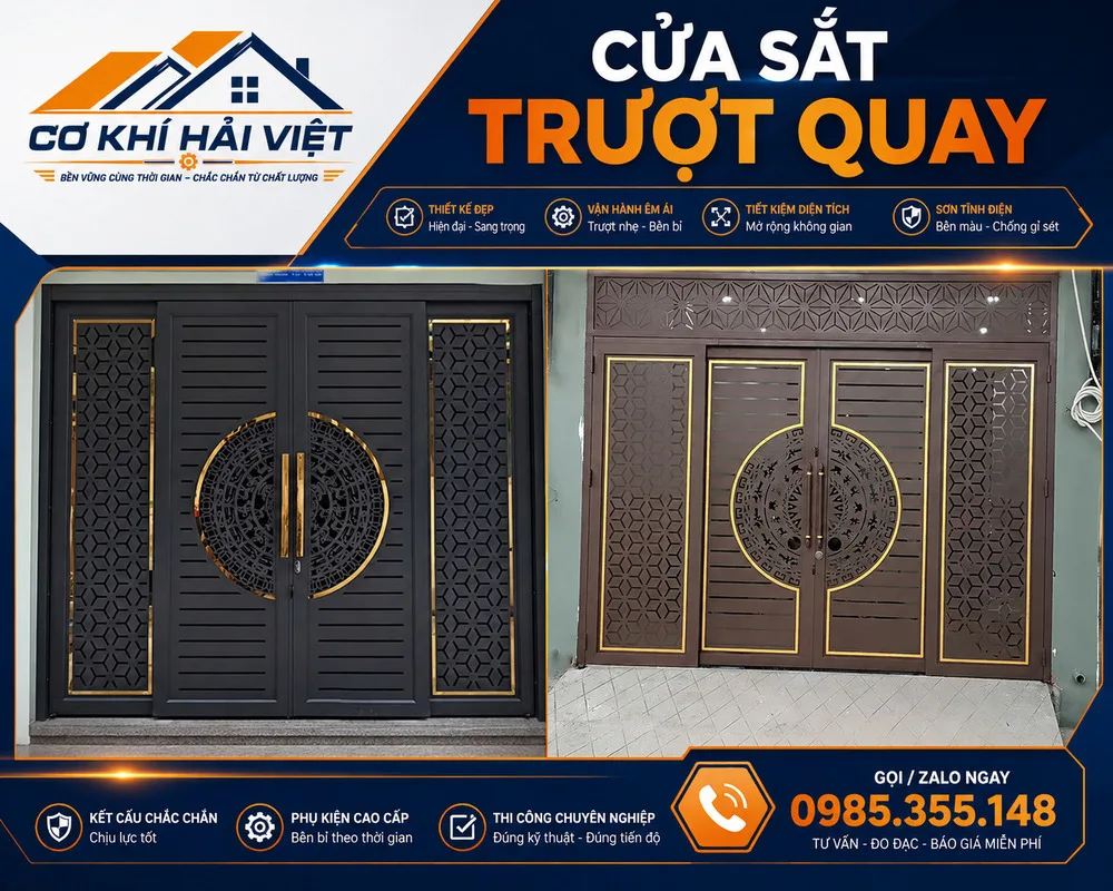 Cửa sắt trượt quay mang lại sự tiện lợi và sang trọng - Sản phẩm được Cơ Khí Hải Việt thi công tại TP Ninh Bình