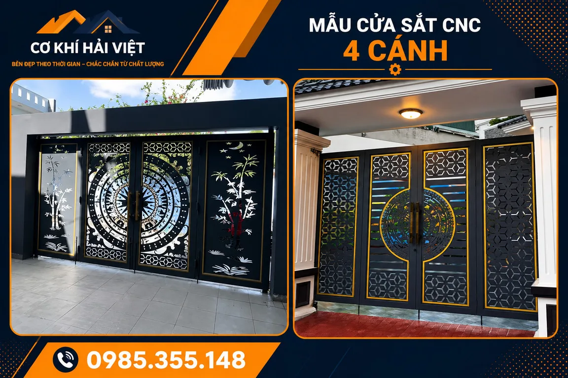 Mẫu cổng sắt 4 cánh CNC đẹp được Cơ Khí Hải Việt thi công tại TP Ninh Bình