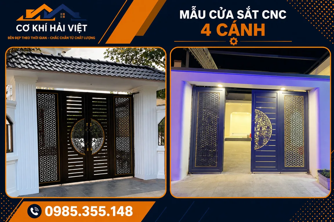 Mẫu cổng sắt 4 cánh CNC đẹp được Cơ Khí Hải Việt thi công tại Nam Hoa Lư - Ninh Bình