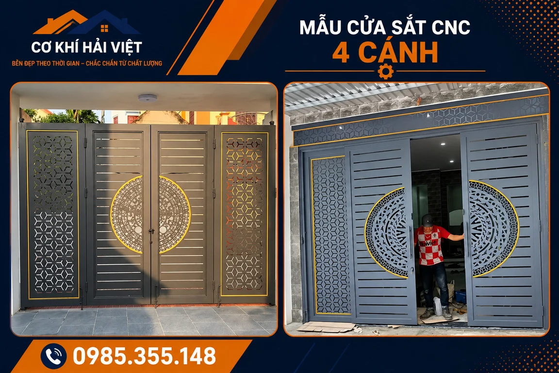 Mẫu cổng sắt 4 cánh CNC đẹp được Cơ Khí Hải Việt thi công tại Phường Tây Hoa Lư - Ninh Bình