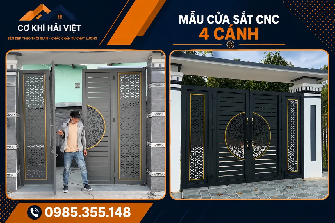 Mẫu cổng sắt 4 cánh CNC đẹp được Cơ Khí Hải Việt thi công tại Ninh Phong - TP Ninh Bình