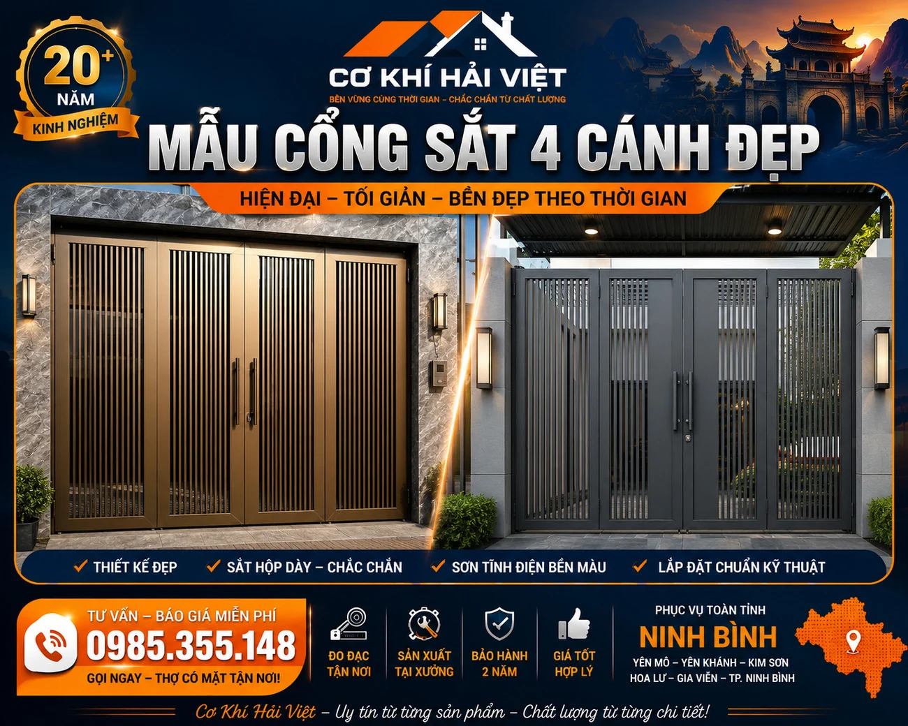 Mẫu cổng sắt 4 cánh đẹp và hiện đại tại Ninh Bình được thi công bởi Cơ Khí Hải Việt