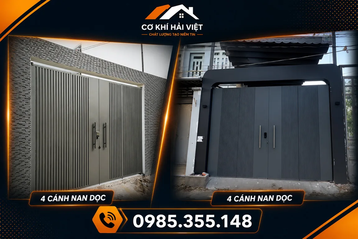 Mẫu cổng sắt 4 cánh đơn giản hiện đại được Cơ Khí Hải Việt thiết kế và thi công tại TP Ninh Bình