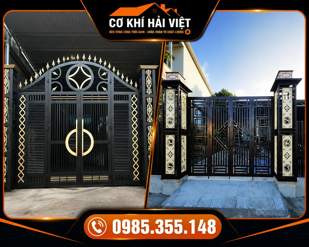 Mẫu cổng sắt 4 cánh kết hợp với trụ cổng bằng sắt hộp - Công trình được thi công tại Yên Mô bởi Cơ Khí Hải Việt