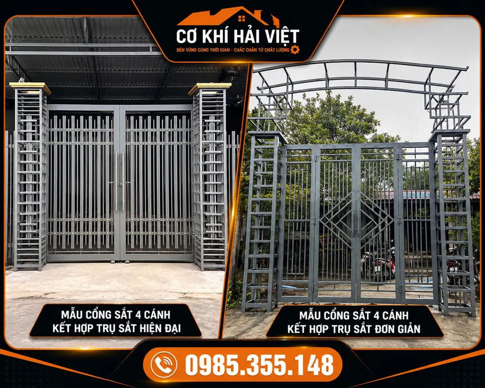 Mẫu cổng sắt 4 cánh kết hợp với trụ cổng bằng sắt hộp - Công trình được thi công tại Yên Khánh bởi Cơ Khí Hải Việt
