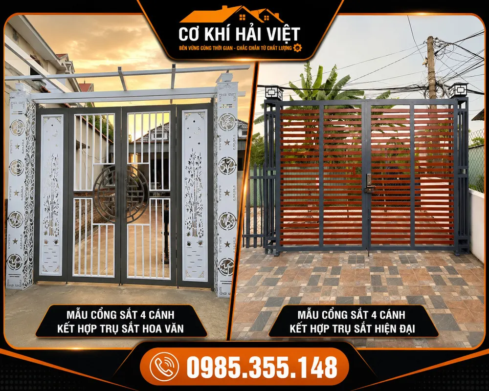 Mẫu cổng sắt 4 cánh kết hợp với trụ cổng bằng sắt hộp - Công trình được thi công tại Tam Điệp bởi Cơ Khí Hải Việt