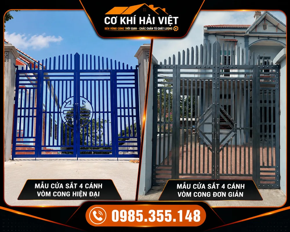 Mẫu cổng sắt 4 cánh uốn vòm phía trên đơn giản - Công trình thi công tại Yên Thắng - Yên Mô