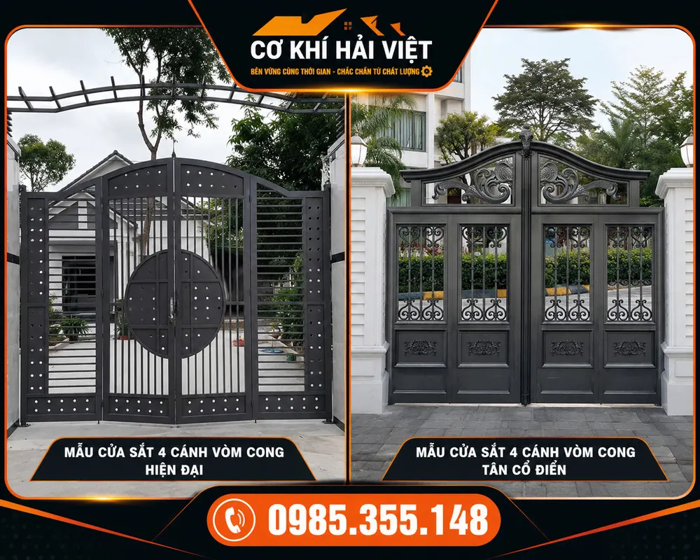Mẫu cổng sắt 4 cánh uốn vòm phía trên hiện đại - Công trình thi công tại TP Tam Điệp