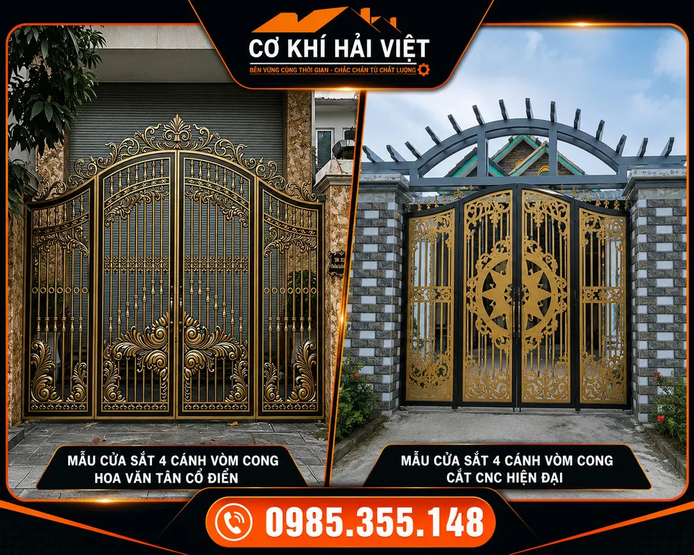 Mẫu cổng sắt 4 cánh uốn vòm phía trên hiện đại - Công trình thi công tại Ninh An - Hoa Lư