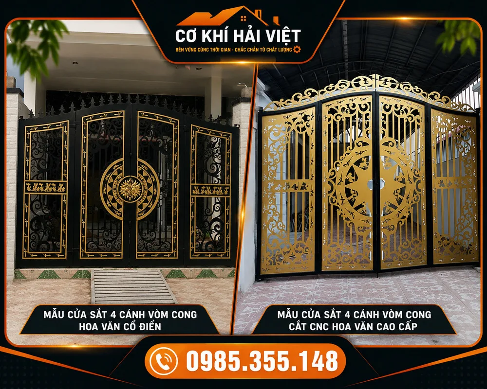 Mẫu cổng sắt 4 cánh uốn vòm phía trên hiện đại - Công trình thi công tại Yên Thịnh - Yên Mô