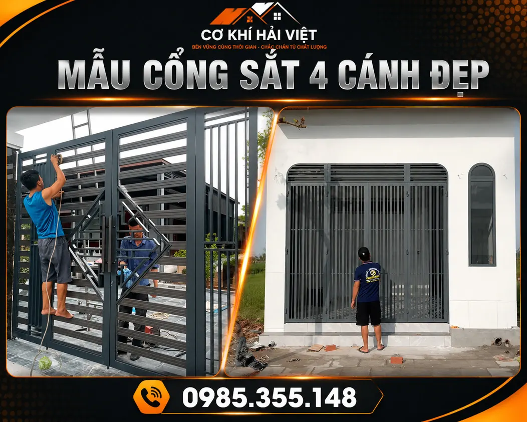 Mẫu cổng sắt hộp 4 cánh đơn giản được Cơ Khí Hải Việt thi công tại Ninh Sơn - TP Ninh Bình