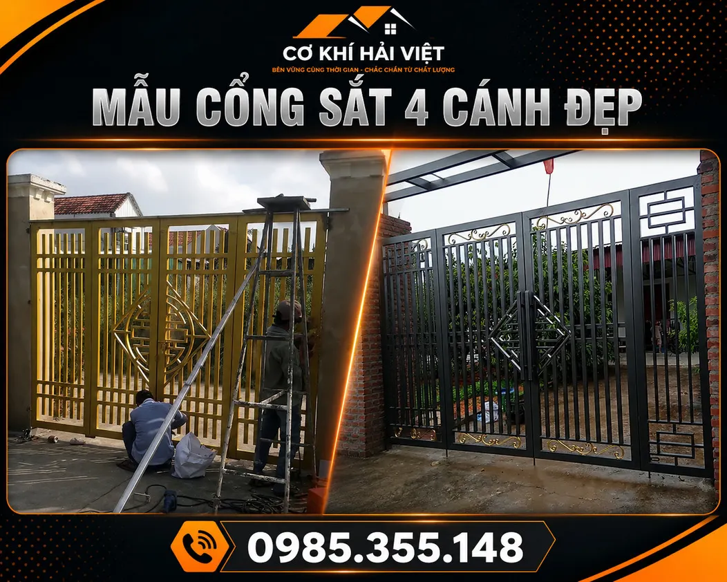 Mẫu cổng sắt hộp 4 cánh đơn giản được Cơ Khí Hải Việt thi công tại Khánh An - Yên Khánh