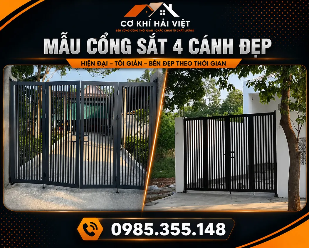 Mẫu cổng sắt hộp 4 cánh đơn giản được Cơ Khí Hải Việt thi công tại Hoa Lư