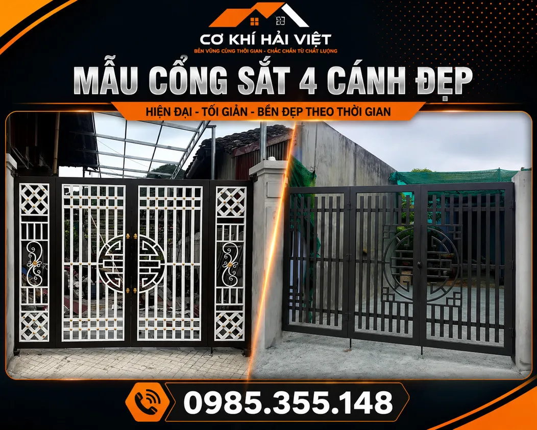 Mẫu cổng sắt hộp 4 cánh đơn giản được Cơ Khí Hải Việt thi công tại Yên Khánh