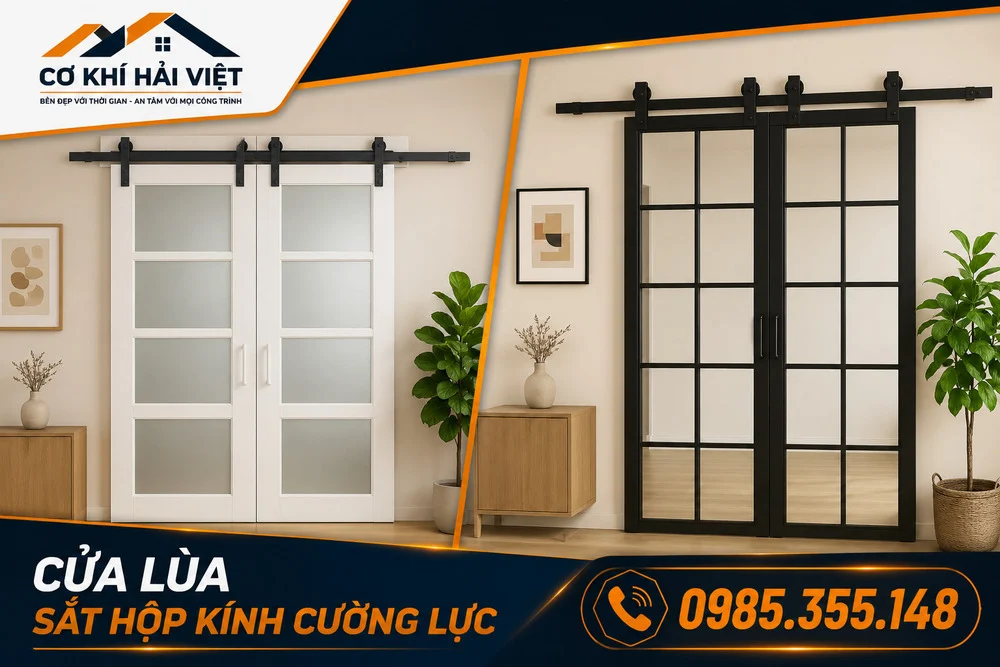 Mẫu cửa sắt lùa kính cường lực tại Cơ Khí Hải Việt