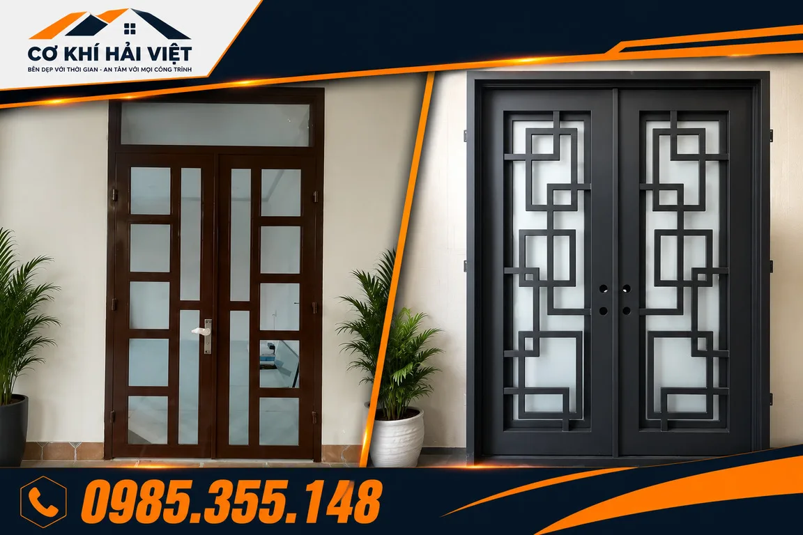 Mẫu cửa sắt 2 cánh hiện đại đơn giản được Cơ Khí Hải Việt thi công tại TP Ninh Bình
