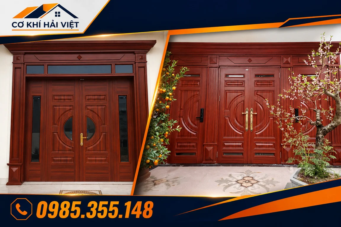 Mẫu cửa sắt giả gỗ 4 cánh được Hải Việt thi công tại Hoa Lư và TP Ninh Bình