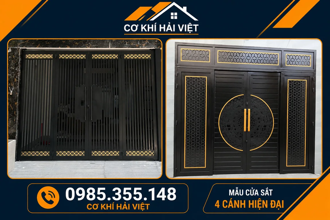 Mẫu cửa 4 cánh làm bằng sắt có vẻ đẹp tối giản và hiện đại được Cơ Khí Hải Việt thi công tại TP Ninh Bình