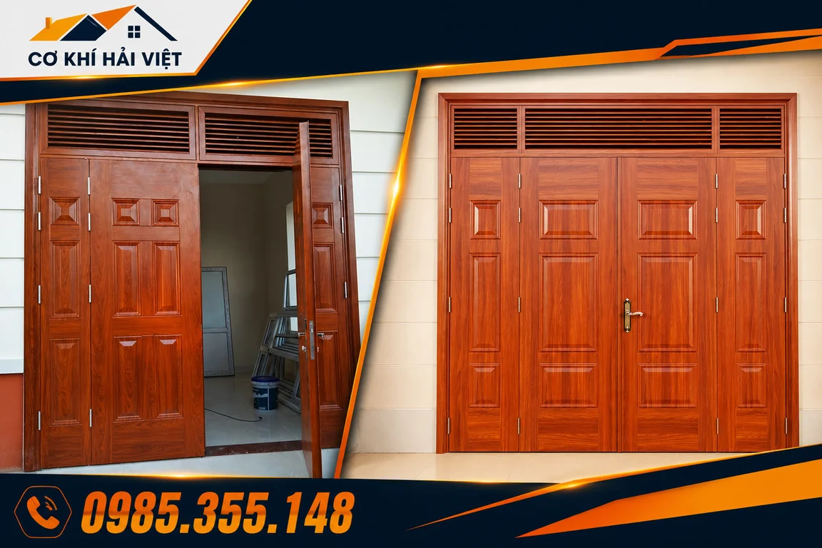 Mẫu cửa sắt giả gỗ 4 cánh được Hải Việt thi công tại Khánh Nhạc và Thị trấn Ninh -Yên Khánh