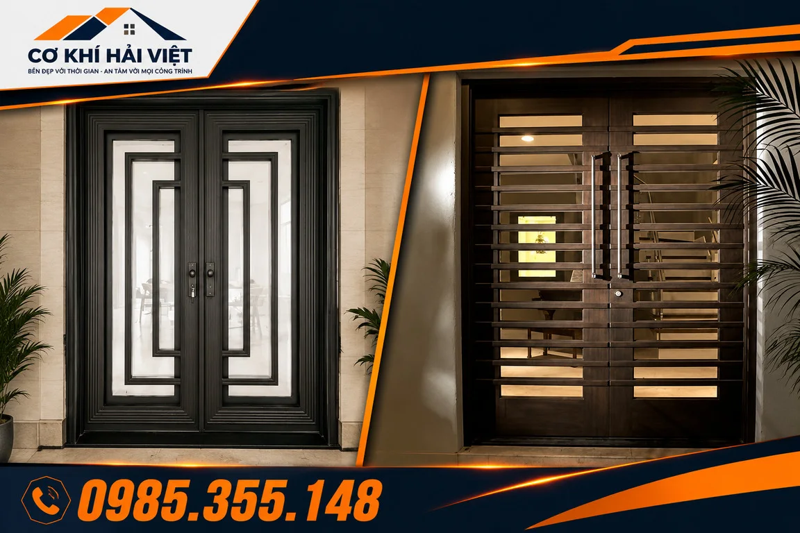 Mẫu cửa sắt 2 cánh hộp đơn giản được Cơ Khí Hải Việt thi công tại TP Nình Bình