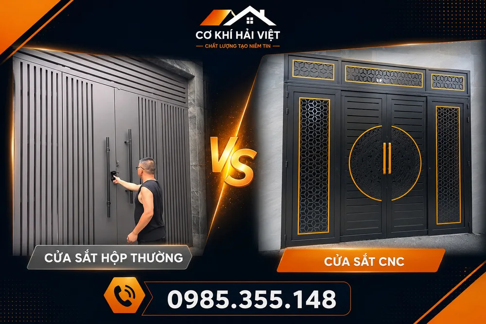 So sánh 2 mẫu cửa: Bên trái là cửa sắt hộp thông thường và bên phải là cửa sắt CNC trượt quay được Cơ Khí Hải Việt thi công tại TP Ninh Bình
