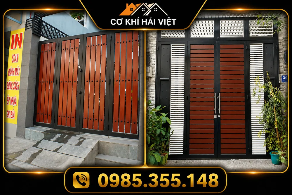 Mẫu cổng sắt sơn giả gỗ 4 cánh được Cơ Khí Hải Việt lắp đặt tại Phường Tam Điệp - Ninh Bình