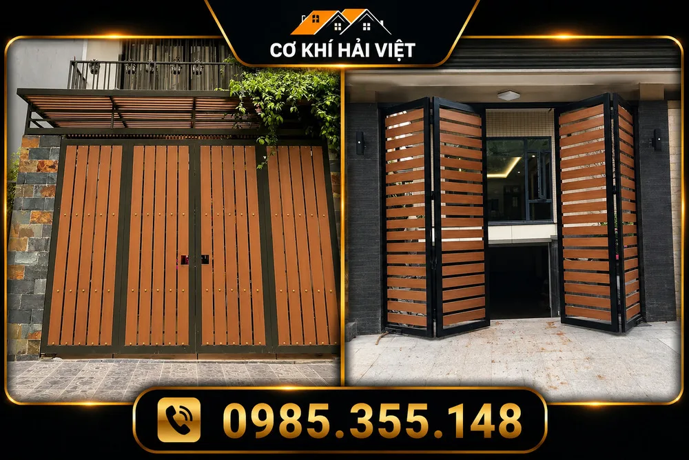 Mẫu cổng sắt sơn giả gỗ 4 cánh được Cơ Khí Hải Việt lắp đặt tại Phường Hoa Lư - Ninh Bình