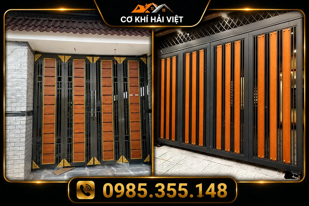 Mẫu cổng sắt sơn giả gỗ 4 cánh được Cơ Khí Hải Việt lắp đặt tại TP Ninh Bình