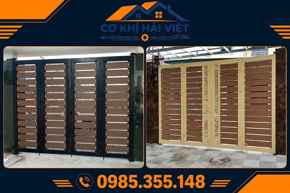 Mẫu cổng sắt sơn giả gỗ 4 cánh được Cơ Khí Hải Việt lắp đặt tại Bắc Sơn - Tam Điệp- Ninh Bình