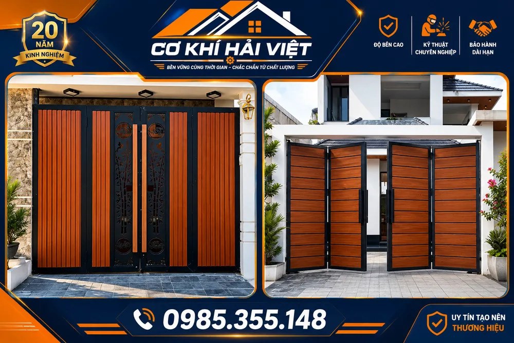 Mẫu cổng sắt sơn giả gỗ 4 cánh được Cơ Khí Hải Việt lắp đặt tại Ninh An - Hoa Lư - Ninh Bình